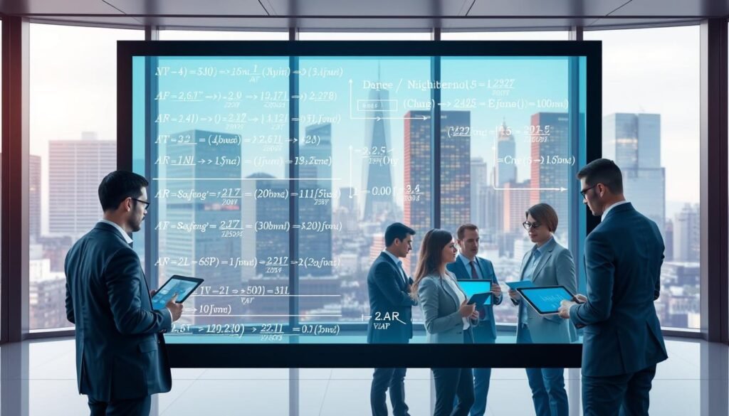 A detailed illustration of a formula model vector autoregressive (VAR) concept, depicted in a professional and academic style. In the foreground, a large, transparent screen displays complex equations and graphs related to VAR, with vibrant colors representing various data streams. In the middle ground, a diverse group of professionals in business attire interact with digital tablets and laptops, analyzing data points and statistical figures. The background features a sleek, modern office environment with floor-to-ceiling windows showcasing a city skyline, illuminated by soft natural light. The atmosphere is one of intense focus and collaboration, reflecting the mathematical components and analysis inherent in VAR modeling. The overall composition should be clear, engaging, and suited for an academic article.