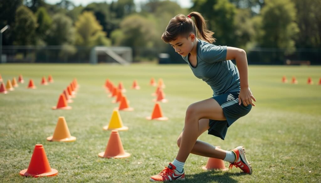 A dynamic scene depicting a young athlete performing agility drills for soccer, showcasing quick footwork and rapid direction changes. In the foreground, the athlete, dressed in a fitted sports top and shorts, demonstrates a sharp cone drill, bending low with focused intensity. Surrounding them are various colorful agility cones set up in a zigzag pattern, emphasizing the movement training aspect. The background features a grassy soccer field under bright natural lighting, with trees in the distance. The atmosphere is energetic and motivational, capturing the essence of sprint training without any gym equipment. A wide-angle view highlights both the athlete's powerful stance and the agility course, creating a sense of movement and action.