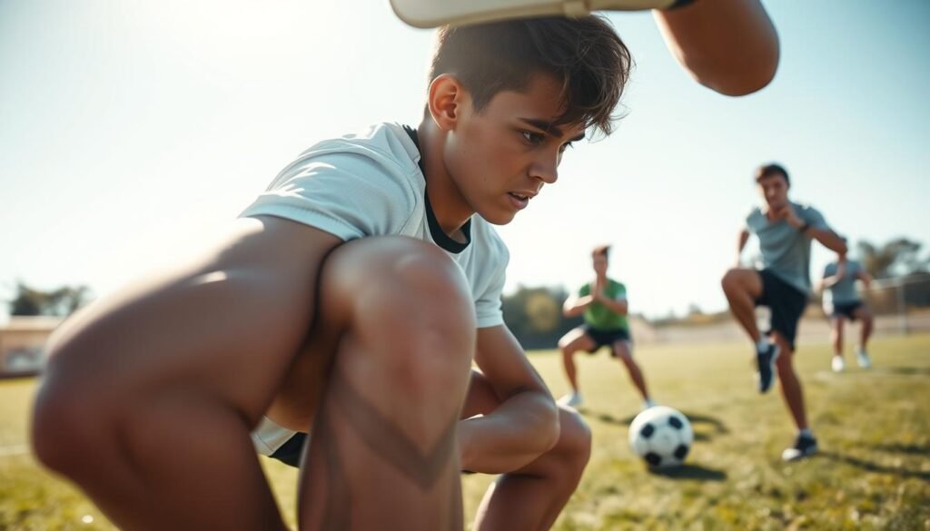 A dynamic scene of a young athlete engaged in bodyweight leg strength training specific to soccer. In the foreground, feature a close-up of the athlete performing a squat or lunge, showcasing their muscular legs and focused expression. The middle ground should include additional athletes, reflecting camaraderie, demonstrating various strength exercises like single-leg squats or jump squats, dressed in modest athletic wear. In the background, depict a grassy soccer field under bright, natural sunlight, with a clear blue sky creating a vibrant, energetic atmosphere. The lens should capture the action from a slightly low angle to emphasize the strength and determination of the athletes, evoking motivation and dedication to training without gym equipment. The mood is inspiring and intense, highlighting the spirit of self-improvement and athleticism.