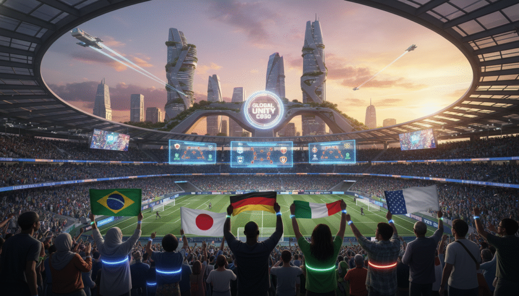 A futuristic soccer stadium bustling with diverse fans in professional casual attire, showcasing a vibrant atmosphere filled with excitement. In the foreground, a diverse group of enthusiastic fans wave flags from various countries, their faces illuminated by colorful LED lights. The middle layer features a state-of-the-art soccer field, reflecting advanced technology such as holographic displays that show real-time statistics and player insights. In the background, a city skyline with modern skyscrapers under a sunset sky, symbolizing progress and innovation in sports. The lighting is dynamic, highlighting the energy of the crowd and field. The overall mood is optimistic and forward-looking, capturing the essence of the future of global soccer.
