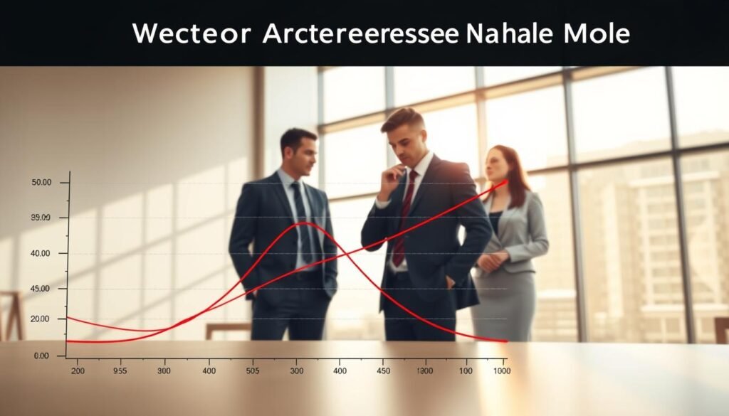 A sophisticated, professional illustration of a "Vector Autoregressive Model" in an abstract, educational style. In the foreground, feature a sleek graph showcasing temporal data patterns with arrows indicating relationships between variables. The middle ground should depict analysts in business attire, thoughtfully examining the graph on a digital screen, engaged in discussion. The background can feature a modern office space with a large window, allowing soft, natural lighting to illuminate the scene. Use a wide-angle perspective to give depth and emphasize collaboration among the analysts. The overall mood should be focused and analytical, conveying the importance of assumptions in time series model application, while keeping the composition clean and organized.