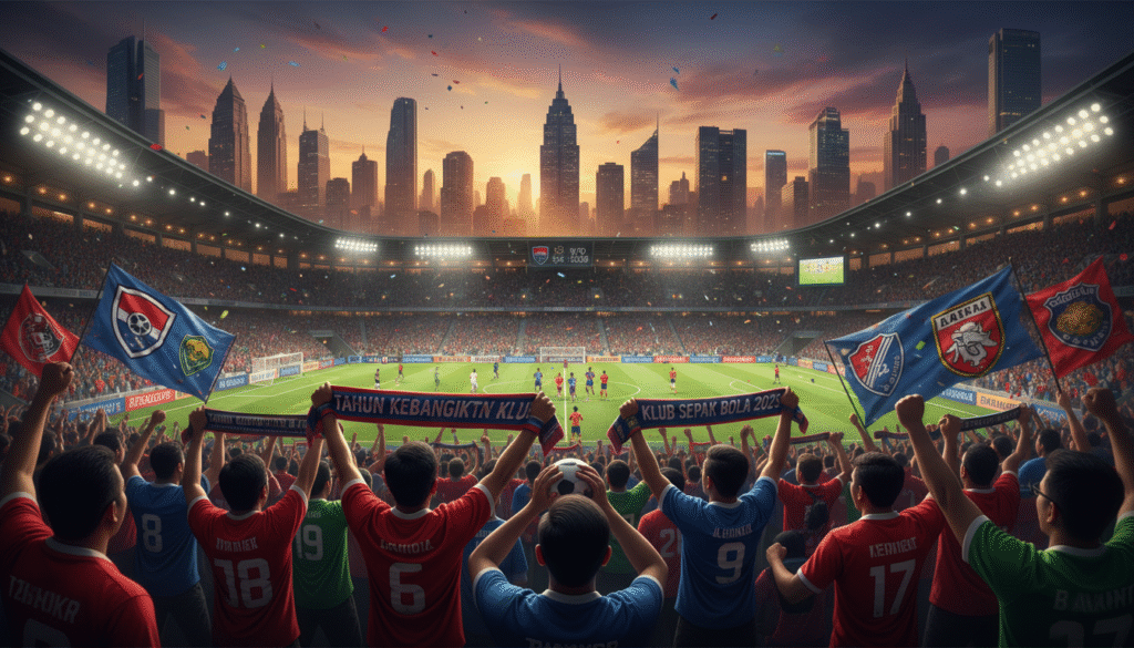 A vibrant and dynamic scene depicting the brand identity of "Tahun Kebangkitan Klub Sepak Bola 2025". In the foreground, a diverse group of enthusiastic football fans, dressed in team jerseys, cheer passionately, holding flags and banners representing their clubs. In the middle ground, a modern football stadium is bustling with activity, showcasing a thrilling match in progress, players in action, and vivid team colors. The background highlights an urban skyline at dusk, bathed in warm, golden hour lighting, creating an energetic and hopeful atmosphere. Use a wide-angle lens to capture the excitement and depth of the scene, with a soft focus on the outskirts to emphasize the central action and fanhood. The overall mood should feel uplifting and celebratory, embodying the spirit of football revival.