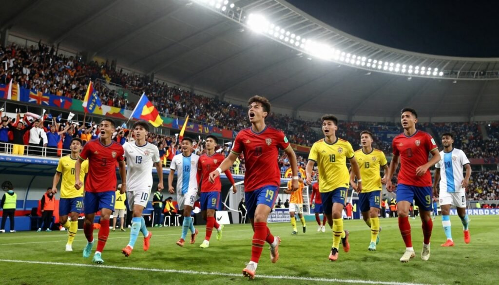 A dramatic soccer scene capturing the essence of the U-20 World Cup, highlighting potential underdog teams. In the foreground, a diverse group of young players in vibrant jerseys passionately celebrating a surprising goal, their expressions filled with joy and determination. The middle ground features an intense match atmosphere, with cheering fans holding flags and banners, creating a lively ambiance. In the background, a packed stadium illuminated by bright floodlights, showcasing an electric atmosphere of excitement. The image is shot from a low angle, emphasizing the players' movements with dynamic action blurs, and conveys a feeling of hope and anticipation for unexpected outcomes. The lighting is vibrant, casting a warm glow that enhances the lively colors of the scene.