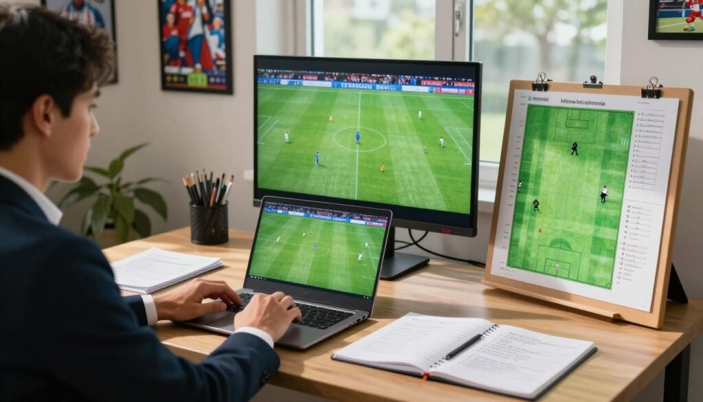 A focused workspace displaying the process of preparing for match analysis. In the foreground, a professional individual in business attire analyzes match footage on a laptop, surrounded by papers, charts, and a tactical board filled with player positions and strategies. In the middle ground, a large monitor shows a paused video of a recent game, while a notepad lies open with handwritten observations. The background features a wall covered in sports memorabilia and a large window allowing natural light to flood the room, casting soft shadows on the desk. The atmosphere is vibrant yet serious, capturing the meticulous preparation involved in analyzing sports matches, highlighting the mindset and analytical framework essential for creating effective reports.
